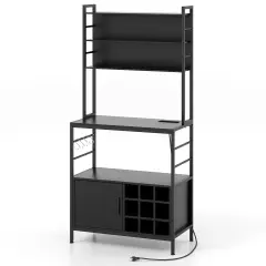 Coffee Bar Cabinet with S-Shaped Hooks and Wine Bottle Holders Black