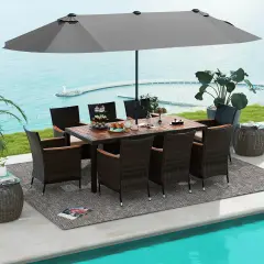 Costway 11 PCS Patio Dining Set with 15ft Double-Sided Patio Umbrella (Base Included) Beige/Coffee/Navy/Orange/Wine/Grey