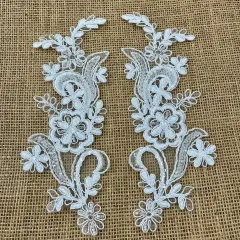 1 Pair Beaded & Corded Floral Lace Applique 9" x 2.5" Each Side White