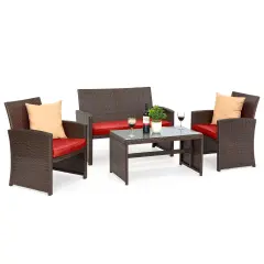 Best Choice Products 4-Piece Outdoor Wicker Patio Conversation Furniture Set w/ Table, Cushions Brown/Red