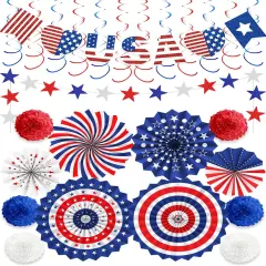 4th of July Decorations Outdoor Red White Blue Paper Fans Hanging Swirls Pompoms