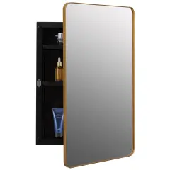 Basicwise Plastic Medicine Cabinet with Beveled Edge Mirror Door and Round Corner Metal Frame, Surface or Recessed Mount Options, Bathroom Wall Mounted Vanity Cabinet with 2 Adjustable Shelves Gold