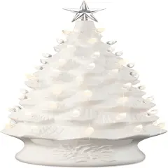 Ceramic Christmas Tree, Hand Painted Green Tabletop Tree with 74 Multicolor LED Bulbs & Star Topper White