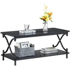 39-Inch Modern Rectangular Coffee Table with Metal Frame and Storage Shelf for Living Room Black