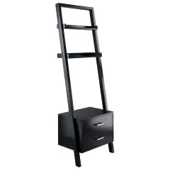 Modern Black Leaning Ladder Bookshelf with 2 Drawers and 2 Shelves for Entryway or Living Room