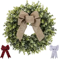 19 Inch Boxwood Wreath, 3 Different Bows,Artificial Spring