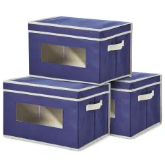 3 Pack Stackable Storage Bins With Lids, Handles, Foldable for Closet Organization (12 Inch, Navy Blue)