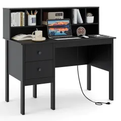 Costway 48" Computer Desk with Power Outlets Type-C 5-Cubby Hutch & 2 Storage Drawers Black/White