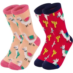 2-Pair Girls Crew Socks - Llama Alpaca Animal Print, Cute Kids Casual Socks