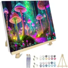 Paint by Numbers Kit for Adults with Frame,Mushroom Forest Paint by Numbers for Adults, Paint by Number with Easel, DIY Paint by Number Kits for Home Wall Decor （11.8x15.7inch）