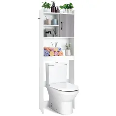 Costway Over The Toilet Storage Cabinet Bathroom Space Saver w/ Open Shelves & Door