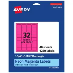 Avery Neon Magenta Paper Labels, 1.25" x 1.75" Rectangle