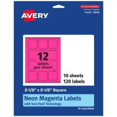 Avery Neon Magenta Paper Labels, 2-1/8" x 2-1/8" Square