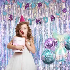 Iridescent Party Streamers Backdrop -Neon Transparent Holographic Tinsel Foil Fringe Curtain for Mermaid/Frozen/Sea/Euphoria/ERAS Party Theme Decorations 2 PCS