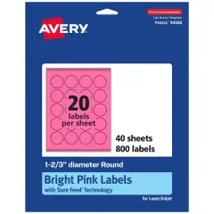 Avery Bright Pink Paper Labels, 1-2/3" Diameter Round