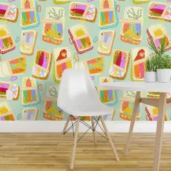 Peel & Stick Wallpaper 2FT Wide Whimsical Mermaid Tail Fish Tinned Novelty Colorful Quirky Mermaids Under The Sea Ocean Sardines Pink Green Red Orange Sun Yellow Sunshine Custom Removable Wallpaper by Spoonflower