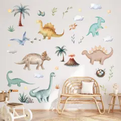 Dinosaur Wall Sticker Peel and Stick Dino Wall Decal Palm Tree Volcano Wall Stickers Green Plant Wall Decals Cute Animal Wall Art Decor for Kids Nursery Bedroom