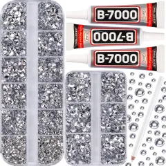 b7000 Glue with 7500Pcs Clear Silver Rhinestones for Crafts Clothes Clothing Fabric, Shiny Flatback Crystals Gems for Crafting Shoes Shirt, Flat Back Diamonds Set Badazzle kit Jewels 2-5mm 4 Sizes Mix
