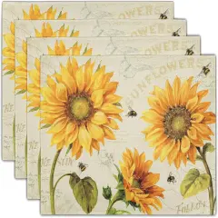 Summer Vintage Sunflower Placemats Set of 4 - Yellow Grunge Flower Farmhouse Tablemats Linen Fabric, Heat-Resistant Washable Stain Proof Place Mats for Dining Table Decoration