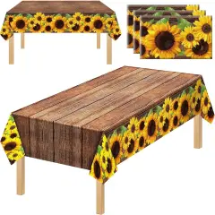 3 Pcs Sunflower Wood Grain Plastic Rustic Tablecloth Vintage Rectangle Table Covers Countryside Outdoor Tablecloth for Dining Table Kitchen Party Banquet, 54 x 108 Inch