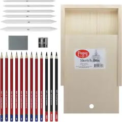 Sketching and Drawing Set in Wood Carrying Box: 3 Charcoal Pencils, 8 Graphite Pencils, Sharpener, Eraser, and Set of 6 Blending Stumps
