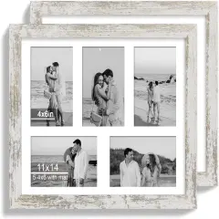 11x14 Picture Frame Set of 2, Distressed White Wood Frame with Real Glass Collage Picture Frames, Display Pictures Five 4x6 With Mat or 11 x 14 Without Mat, Photo Frames Wall Gallery