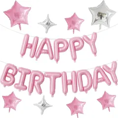 Happy Birthday Balloon Banner, 16 Inch Light Pink Mylar Foil Letter Balloons, Reusable Birthday Decorations