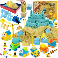 Summer Play Construction Sand Kit - 3lbs Sand with 2 Colors, 6 Mini Construction Trucks, Construction Toys and Signs, Animal Mold, Modeling Tools, Foldable Sandbox, Gifts for Boys Girls