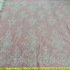 1 Yard Beaded Lace Fabric Embroidered on 100% Polyester Net Mesh, 53" Width, Premium Embroidery Lace Material Antique Silver