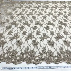 1 Yard Blush Beaded & Corded Bridal Lace Embroidered on Fabric 52" Wide Polyester Net Mesh Taupe