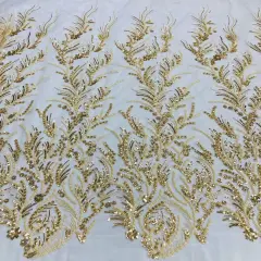 1 Yard Gold Beaded Lace Fabric Embroidered on Polyester Mesh, 51" Wide, Elegant Bridal & Formalwear Fabrication