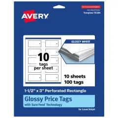 Avery Printable Perforated Rectangle Price Tags, Sure Feed Technology, 1-1/2" x 3", Glossy White Cardstock, Print-to-The-Edge, Laser/Inkjet Printable, 100 Total