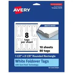 Avery Printable Rounded Rectangle Foldover Tags, Sure Feed Technology, 1-1/2" x 2-1/8", Matte White Cardstock, Print-to-The-Edge, Laser/Inkjet Printable, 80 Total
