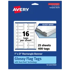 Avery Printable Banner Rectangle Flag Tags, Sure Feed Technology, 1" x 3", Glossy White Cardstock, Print-to-The-Edge, Laser/Inkjet Printable, 160 Total