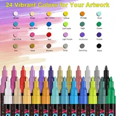 24 Colors Premium Extra Fine Point Acrylic Paint Marker Pens for Wood, Canvas, Stone, Rock Painting, Glass, Ceramic Surfaces, DIY Crafts Making Art Supplies