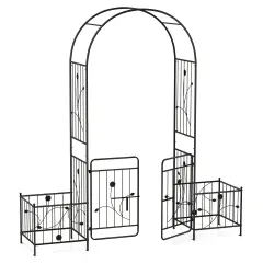 87 Inches Black Garden Arbor with 2 Side Planters and 2 Lockable Door Gate Perfect for Any Decoration