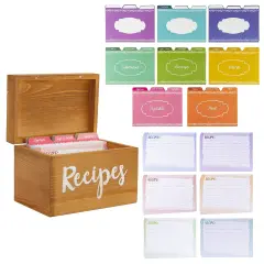 Wooden Recipe Box (7x5x5 in) with Cards and 24 Dividers with Meat, Veggie, Dessert Tabs Brown