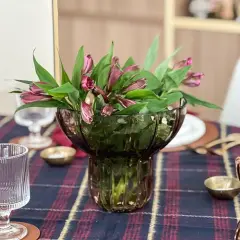 Wide Neck Amber Ribbed Vase