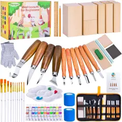 Wood Carving Tools for Beginners, 54 PCS Wood Carving Kit with Carving Hook Knife, Whittling Knife, Chip Carving Knife, Painting Set and Basswood Blocks,Wood Carving Knives for Sharpener Cup