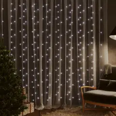 vidaXL 9.8'x9.8' Indoor & Outdoor LED Curtain Fairy Lights with 300 Cold White LEDs, 8 Lighting Modes, Energy-Saving, USB Connection, Waterproof for All Festive Events