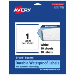 Avery Durable Waterproof Square Labels with Sure Feed, 8" x 8"