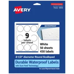 Avery Durable Waterproof Round Scalloped Labels with Sure Feed, 2.5" diameter