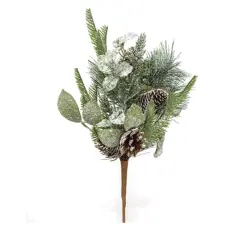 19" Long Newport Snowy Mixed Greens and Cone Bush with Silver Glitter Coated