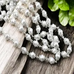6mm Czech Glass White Baroque Pearl Chain w/ Bright Silver Caps -- Sold by the foot