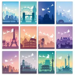 World Travel Christmas Greeting Cards Boxed Set of 24 Holiday Notecards Featuring 12 Iconic Cityscape Designs with Santa's Sleigh, Perfect for Jet-Setters