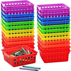 24 Pack Small Classroom Storage Baskets, Pack Bulk, Square 4.5" Sturdy Plastic Colorful Crayon & Pencil Container, Organizer Bins for Desk for Classrooms Supplies, Office, Toy Storage