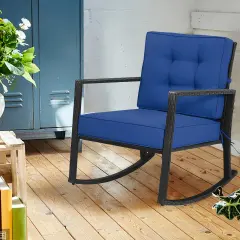 Costway Patio Rattan Rocker Chair Outdoor Glider Rocking Chair Cushion Lawn Navy\Black\Grey