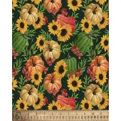 Pumpkins, Gourds and Sunflowers Cotton Fabric | By the Yard | Sewing and Crafting | 44 inches wide