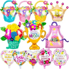 Happy Mother&rsquo;s Day Balloons, 12Pcs Premium Aluminum Foil Mothers Day Balloons, Large Size Best Mom Day Heart Balloons for Mother's Day Party Birthday Decorations Supplies