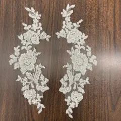 1 Pair Beaded & Corded Floral Lace Applique on 100% Polyester Net Mesh 13" x 3" Each Side White with Rose G